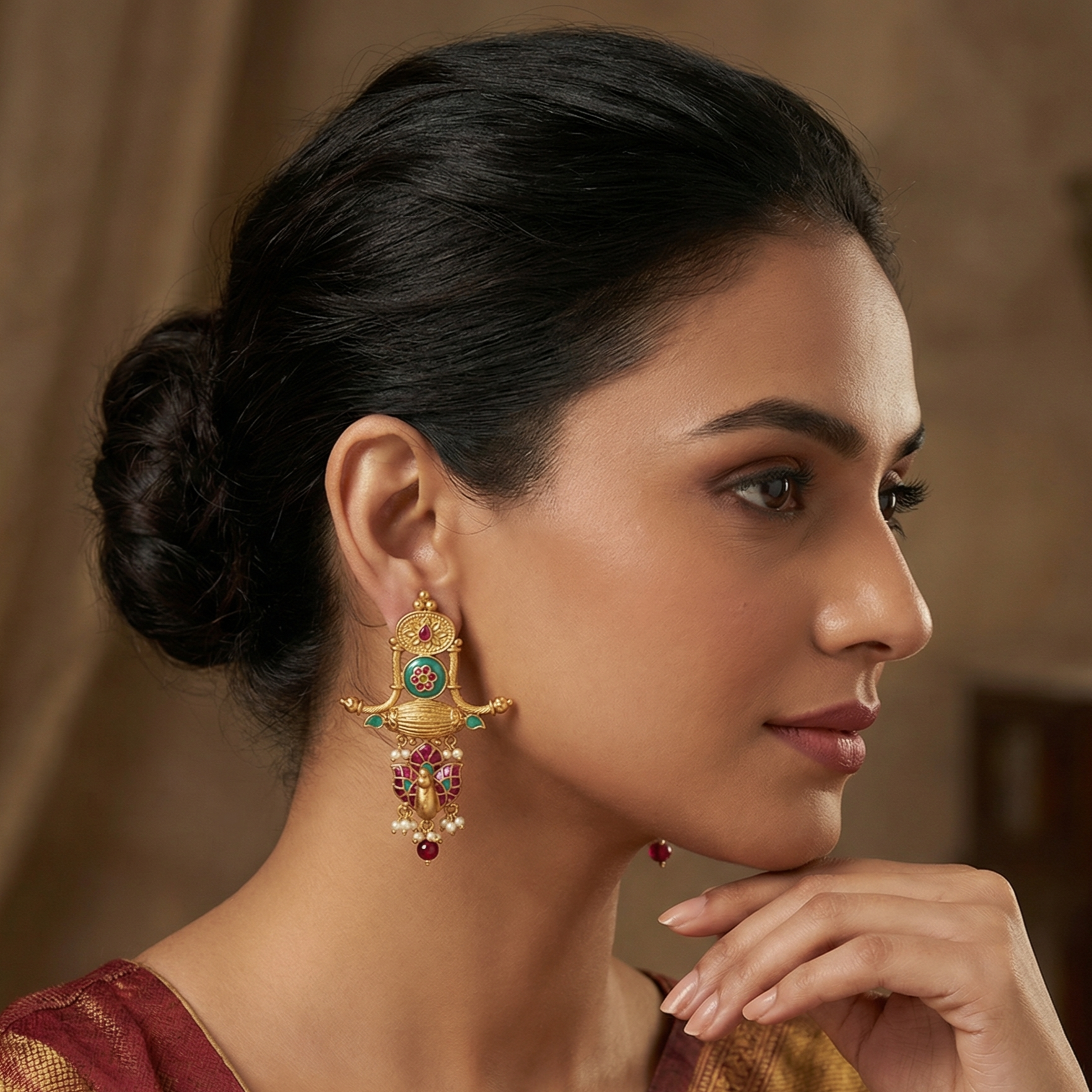 Suvarna Jadau Earrings with Pearl Drops